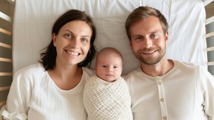 Fototapeta premium Welcoming New Life: Happy Parents Admiring Newborn Baby in Hospital Bed