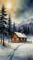 Fototapeta premium Watercolor Painting: Chilly and Cozy minimalist painting capturing the essence of a frosty winter scene. Celebrate the warm and comforting ambiance with a portrayal of a snowy landscape