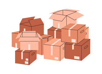 Boxes piles. Cardboard delivery or moving containers, carton moving cargo boxes flat vector illustration. Hand drawn boxes pile on white