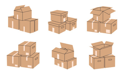 Cardboard boxes piles. Carton delivery or moving containers, moving cargo boxes flat vector illustration set. Hand drawn boxes piles on white