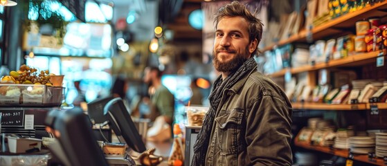 Man working at a cozy coffee shop, surrounded by shelves filled with different coffee products and a warm atmosphere.