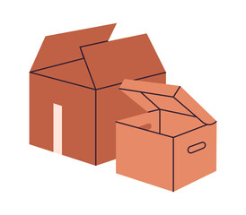 Cardboard boxes. Moving cargo boxes, carton delivery or moving containers flat vector illustration. Hand drawn open boxes on white