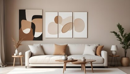 A minimalist living room with a beige sofa, wooden coffee table, and three abstract canvas paintings on the wall.
