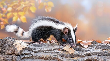 A skunk walking on a fallen tree in the autumn forest, surrounded by colorful leaves and a blurred background.