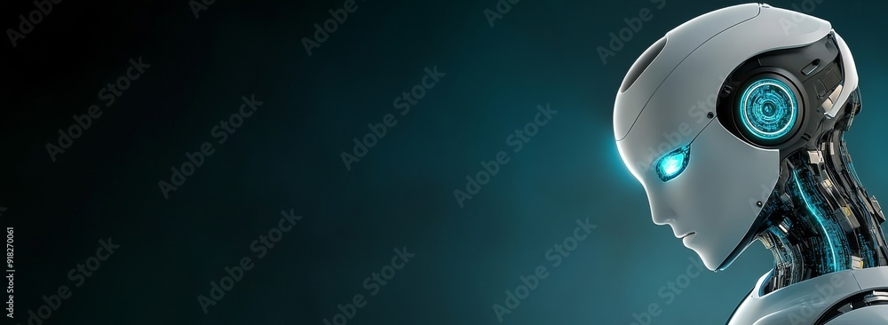 Poster a robot with glowing blue eyes on the left side, set against a dark background with space for text.