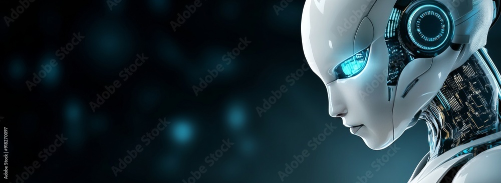 Poster a robot with glowing blue eyes on the left side, set against a dark background with space for text.