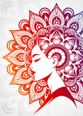 woman profile with beautiful color mandala decoration background