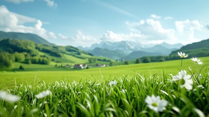Fototapeta premium Beautiful scenic view of green meadows with wildflowers and mountains in the background under a clear blue sky.