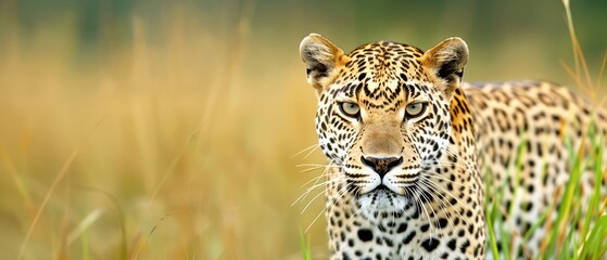 Fototapeta premium Close-up of a leopard in a natural habitat, showcasing its striking golden fur and distinctive black spots, with a blurred grassy background.