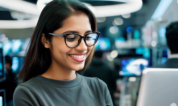 Head and shoulders video of a cheerful woman showcasing a laptop in a trendy computer store