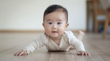 Fototapeta premium Adorable Asian baby crawling on the floor