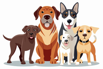 Naklejka premium Group of Five Cartoon Dogs Posing Together