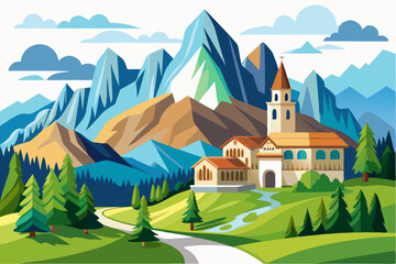 Naklejka premium Majestic Mountain Range With a Church and Winding Path in a Lush Valley