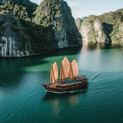 A traditional junk boat sailing in Ha Long Bay