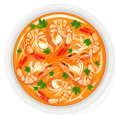 Top view of spicy prawn soup Bowl in a cartoon style on white background