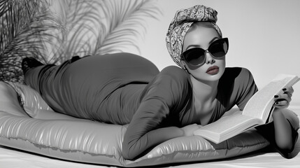 A woman in a 1960s vintage-style outfit, wearing a headscarf, sunglasses, and high heels, lying on her stomach, on an inflatable mattress reading a book