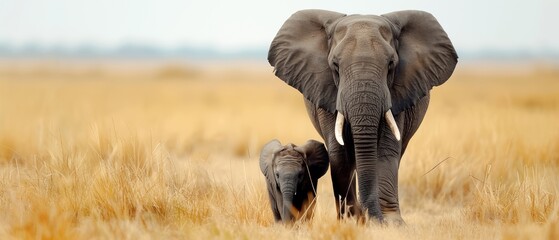 Fototapeta premium Mother elephant and baby walking through the golden plains, showcasing the beauty of wildlife and nature's bond.