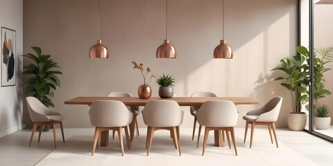 A modern dining room with a wooden table and beige upholstered chairs, accented by pendant lights with copper shades and a small potted plant.