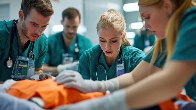 Generate a photo realistic image of healthcare workers participating in emergency response drills, with medical emergency simulation, patient care procedures