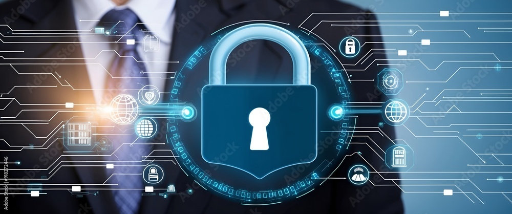 Wall mural lock icon cyber security of digital data network protection. high speed connection data analysis. te