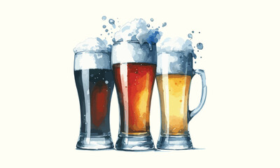 free drink, watercolor mugs of beer, alcohol drinks, hand drawn illustration, watercolor mugs of beer