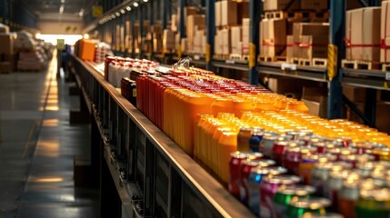 Obraz premium A row of orange and yellow cans of soda are on a conveyor belt