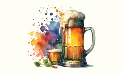 free drink, watercolor mugs of beer, alcohol drinks, hand drawn illustration, watercolor mugs of beer