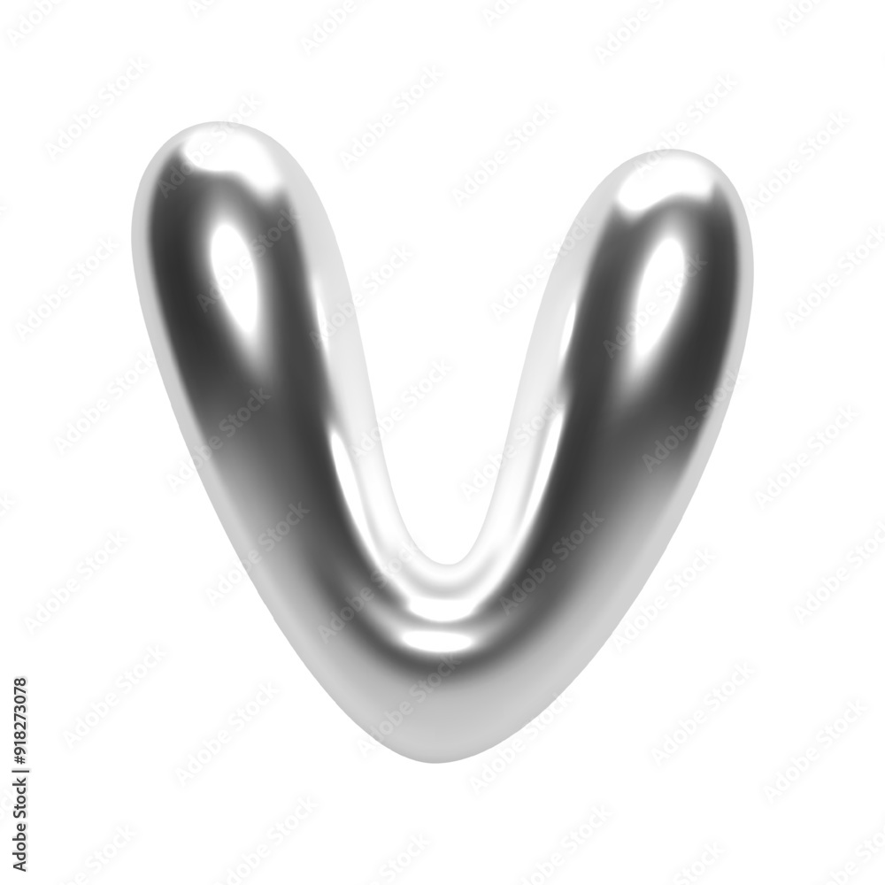 Poster 3d chrome bubble letter v in y2k futuristic style. shiny silver glossy surface with inflated liquid 