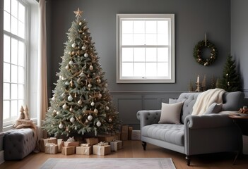 A decorated Christmas tree in a cozy living room with a gray tufted sofa and a framed blank wall.