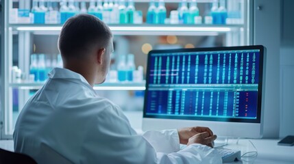 Biotechnology researcher documenting DNA test results on a computer in a clean lab setting.