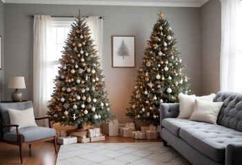 A decorated Christmas tree in a cozy living room with a gray tufted sofa and a framed blank wall.