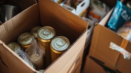 Boxes of canned goods and supplies being packed for a food drive.
