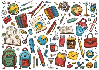 Hand drawn school supplies, doodle style vector illustration with lots of objects and symbols, cute, cartoonish and playful, white background, flat design, colorful, vector art