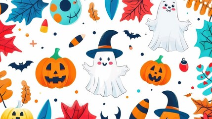 Abstract cute Pocong Halloween keynote template background with colorful Pocong ghosts and playful designs, vector illustration, high-resolution, whimsical and festive concept