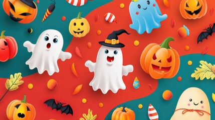 Abstract cute Pocong Halloween keynote template background with colorful Pocong ghosts and playful designs, vector illustration, high-resolution, whimsical and festive concept