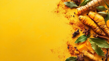 Obraz premium Yellow background with turmeric roots, cinnamon sticks, star anise, cloves, and bay leaves.