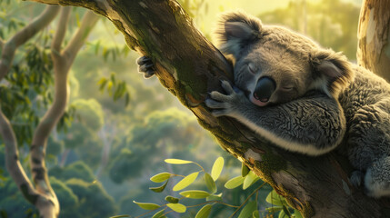 Koala sleeping on a tree branch in a sunlit forest