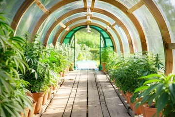 Naklejka premium Holographic cannabis leaves, futuristic health care, digital alternative medicine, modern touch screen