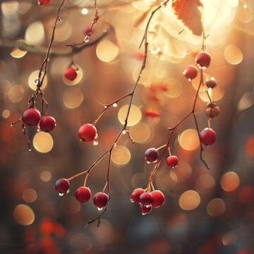 Red Berries on a Branch with a Blurred Golden Background