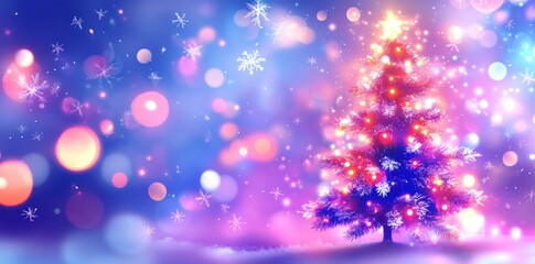 abstract background with christmas tree and snowflakes, glowing lights, bokeh effect, blue purple color palette, white stars on black background
