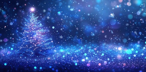 abstract background with christmas tree and snowflakes, glowing lights, bokeh effect, blue purple color palette, white stars on black background