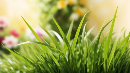 close up of green grass with blurred garden background