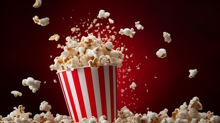 Delicious popcorn flying out of a red-white striped paper cup, cut out