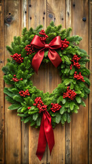 Fototapeta premium Christmas Wreath with Red Bow and Berries on Wooden Background