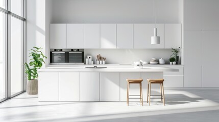 Contemporary home kitchen with a bright, white interior and stylish, functional furniture.