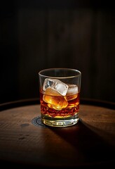 Whisky glass with ice flakes on a wooden barrel 
