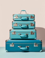 Group of blue vintage suitcases isolated on white background. Trendy fashion style. Minimal design art.