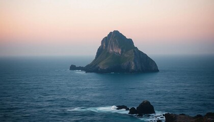  A rocky island in the ocean at sunrise, featuring soft tones and a tranquil atmosphere.