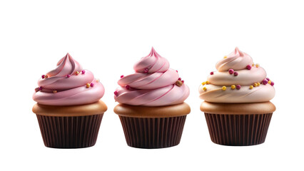 Three cupcakes with pink cream and sprinkles on white background

