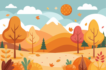 Autumn Landscape with Falling Leaves and a Mountain in the Background